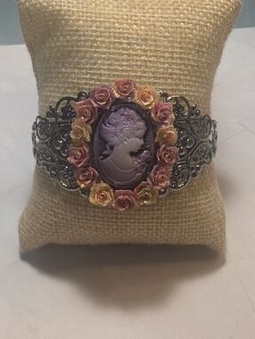 Purple Cameo Floral Cuff Bracelet with Pink and Peach Roses